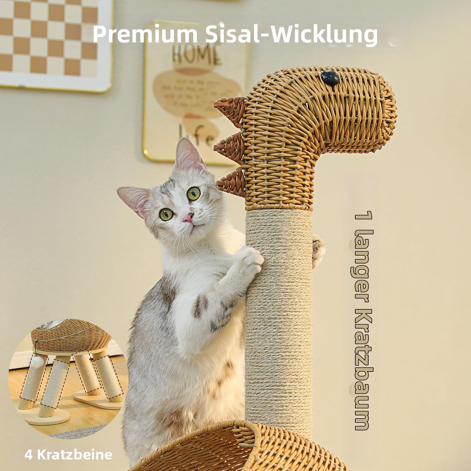 PETEPELA Kratzbaum Katzenbett in Dinosaurierform mit 5 Sisal-Kratzsäulen 115cm, 400 mm halboffenes Weidennest, komfortable Katzenhöhle