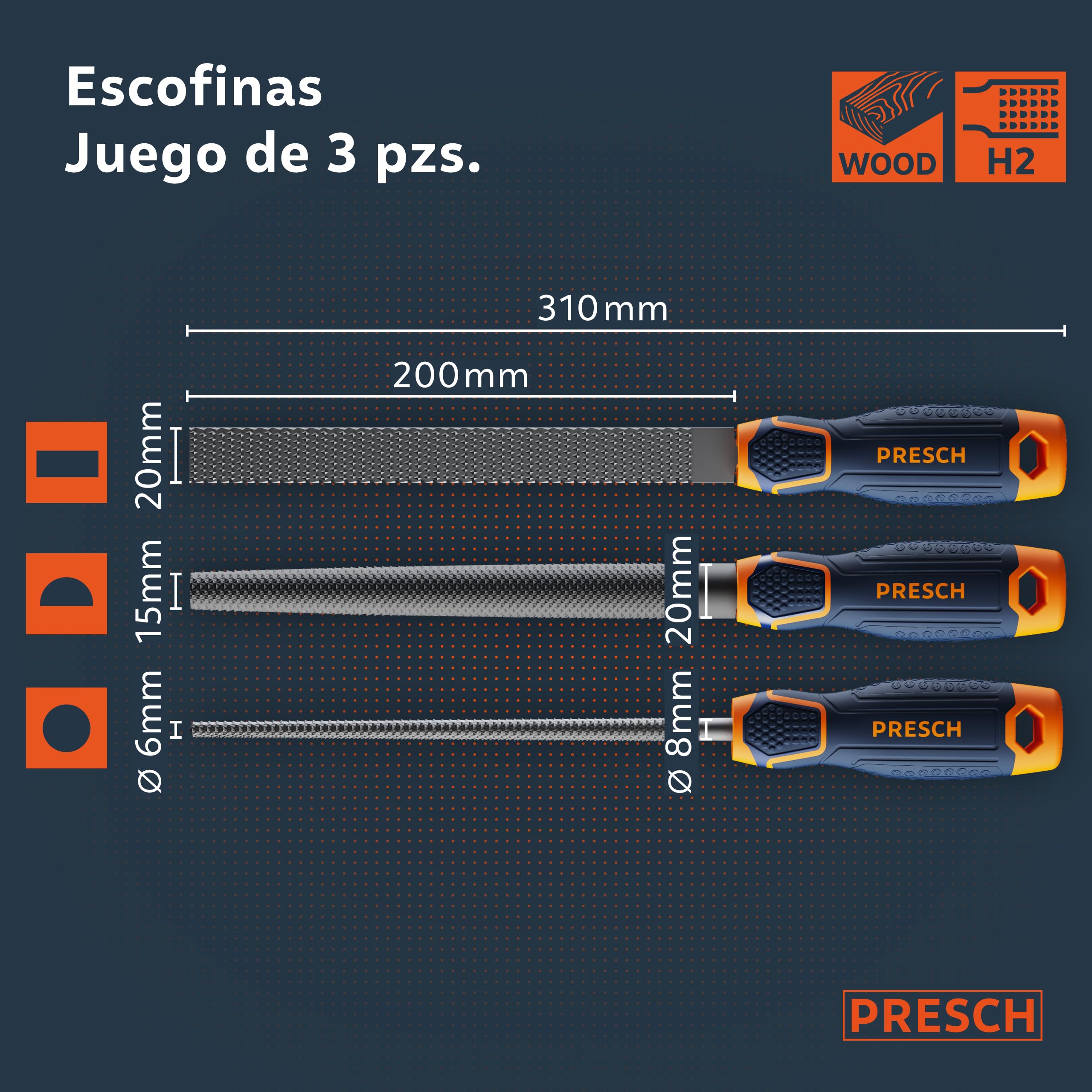 Presch Escofinas Madera 3pcs - Juego de escofinas para madera que incluye escofina plana, media redonda y redonda - Juego de escofinas profesionales con 200mm para madera