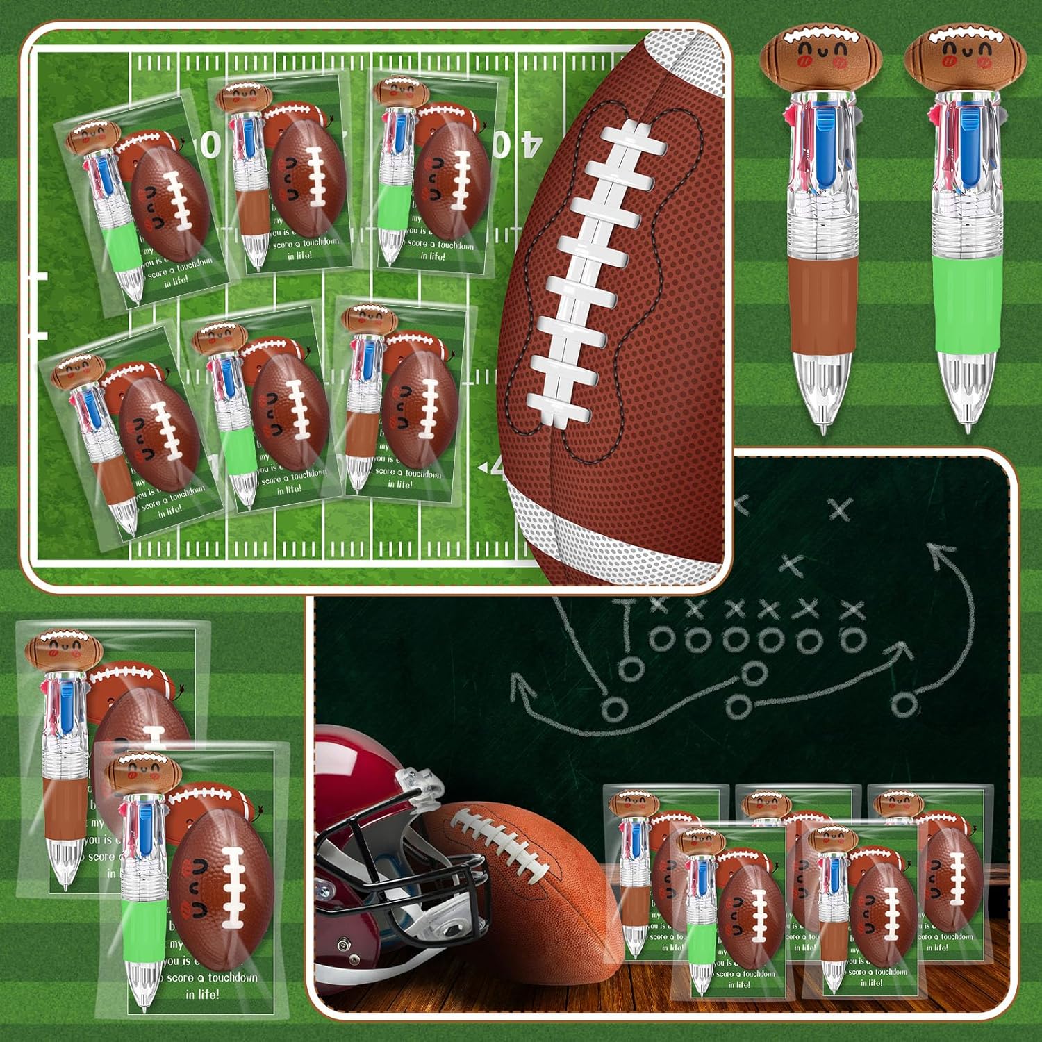 Epakh 30 Sets Football Party Favor Sport Pens Bulk Multicolor Ballpoint Pen 4-in-1 Design with Emotion Support Stress Ball Card Football Goodie Bag Stuffer Cool Ballpoint Pen for Sport Birthday Party