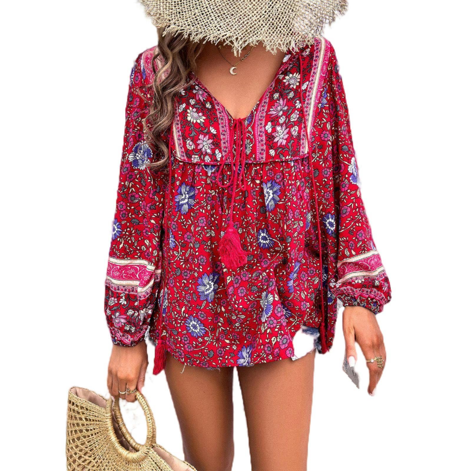 Camisa de Manga Larga Estampada para Mujer, para Vacaciones, Primavera y Verano, Color Rojo, Talla XL