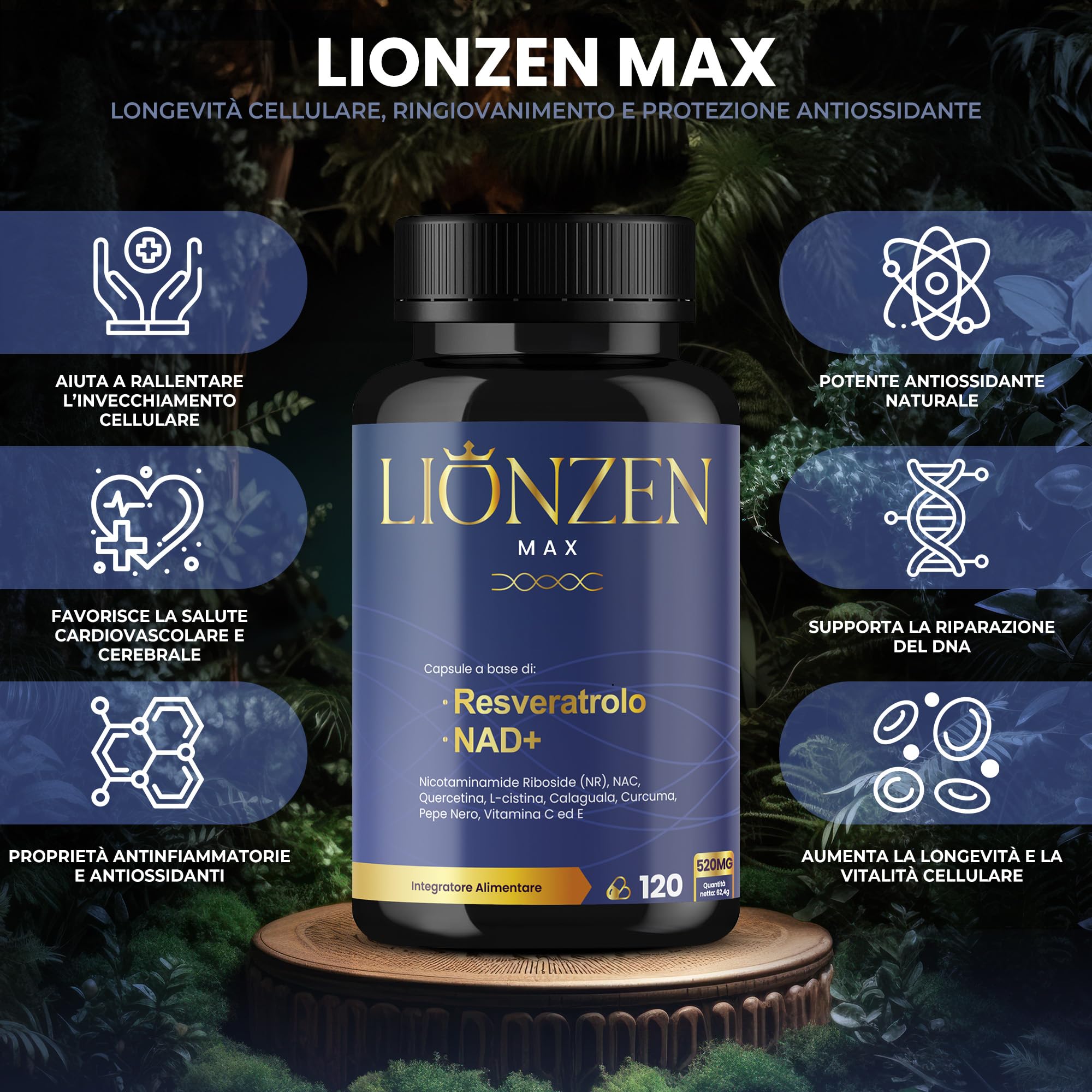 NAD+ Trans-Resveratrolo puro con 10 ingredienti anti-età | 1000 mg | Energia cellulare, longevità, vitalità | Nicotinamide Riboside, Quercetina, NAC, Curcuma, Pepe Nero | Lionzen Max