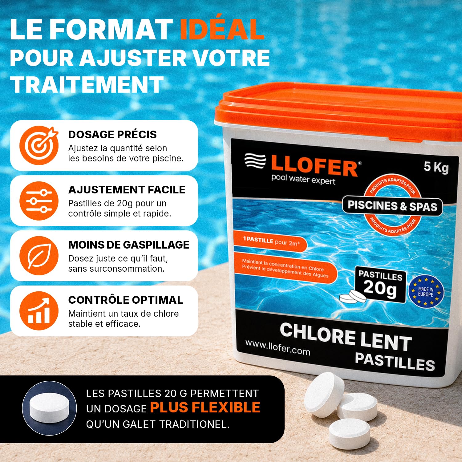 Pastilles de Chlore Lent 20g - Haute Teneur en Chlore (90%) -Seau de 5kg - chloration permanente hautement Efficace Contre Les bactéries, fabriquer en Europe
