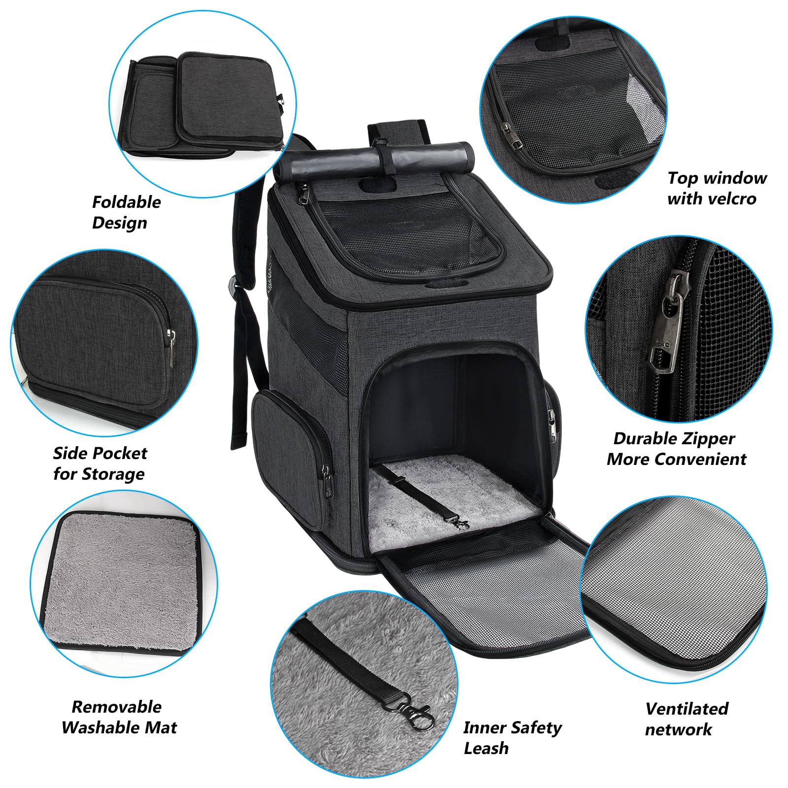 Cat Backpack, Foldable Pet Carrier Backpack for Cats and Small Dogs, Dog Rucksack with Ventilated Design Inner Safety Strap, Puppy Carrier Bag for Hiking Travel Outdoor - Image 2