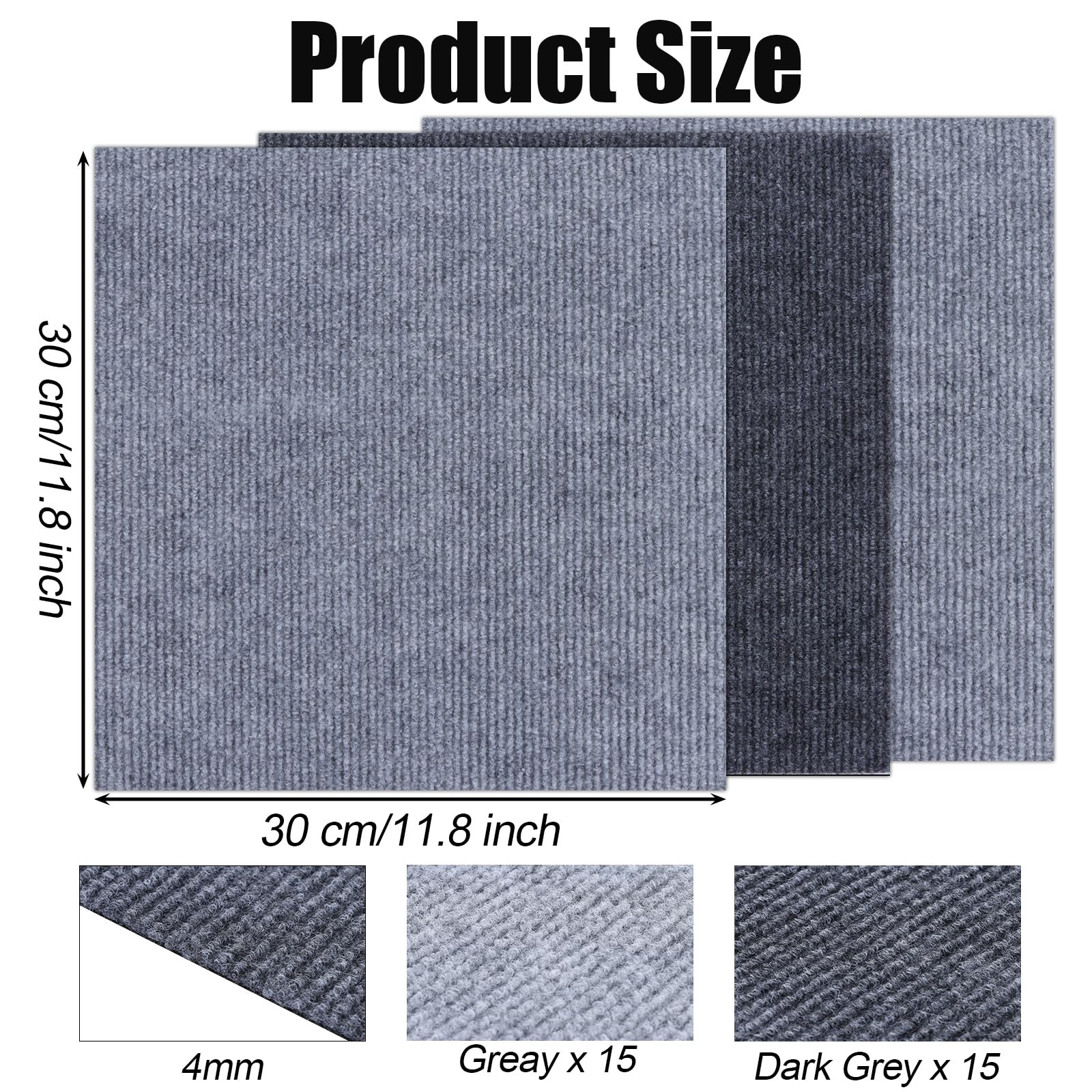 Dalles de Moquette Autocollantes, Lot de 30, Grises et Gris Clair, 30 x 30 cm, antidérapantes et résistantes. Revêtement de Sol carré idéal pour Les Bureaux, Les Chambres et pour masquer Les Taches.