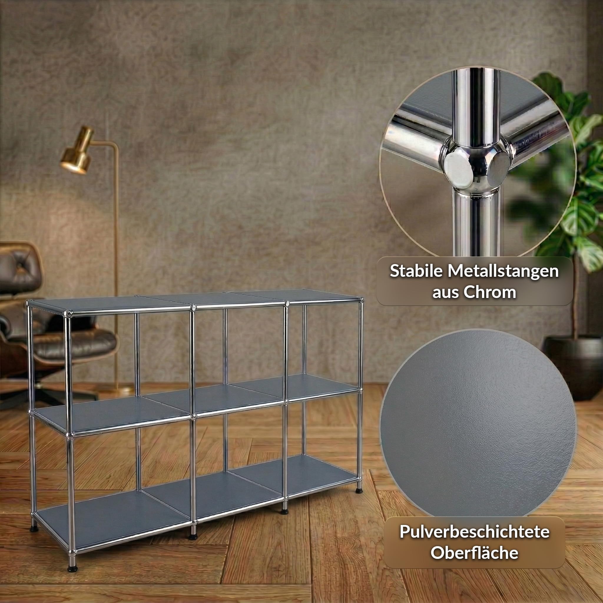 KARAT Regal - Grau 116x40x82cm - 3 Ablagen Metallregal - Sideboard & Lowboard - Offenes Bücherregal - Würfelregal - Concept Epure MK-018