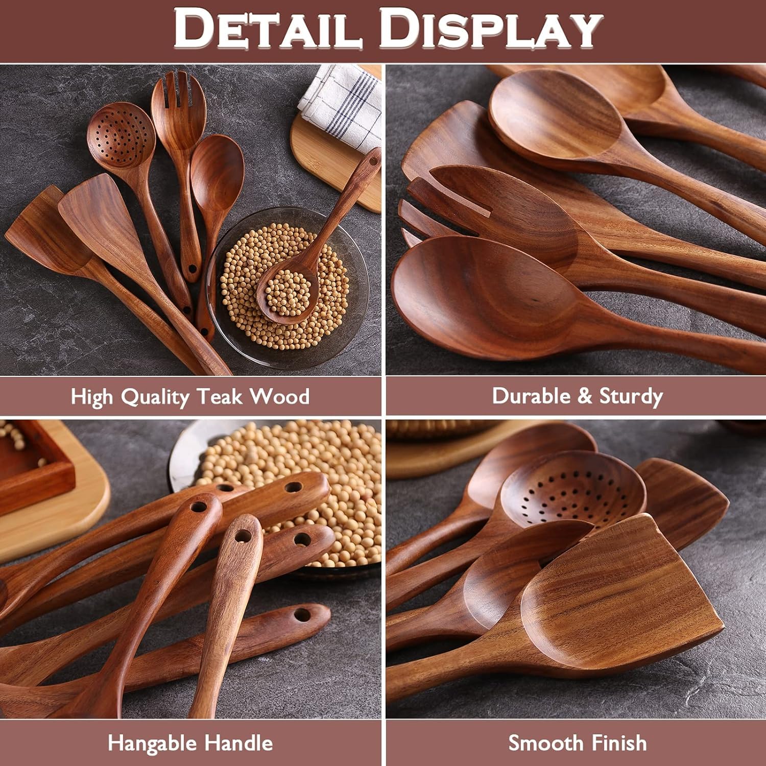 BITE SHOPPING Wooden Spoon 6 Pcs, Cooking Utensils,Kitchen Utensils Natural Teak Wood Non-Stick Cooking Spoons, Wood Utensils Set for Kitchen,Natural Wood Color - Image 3
