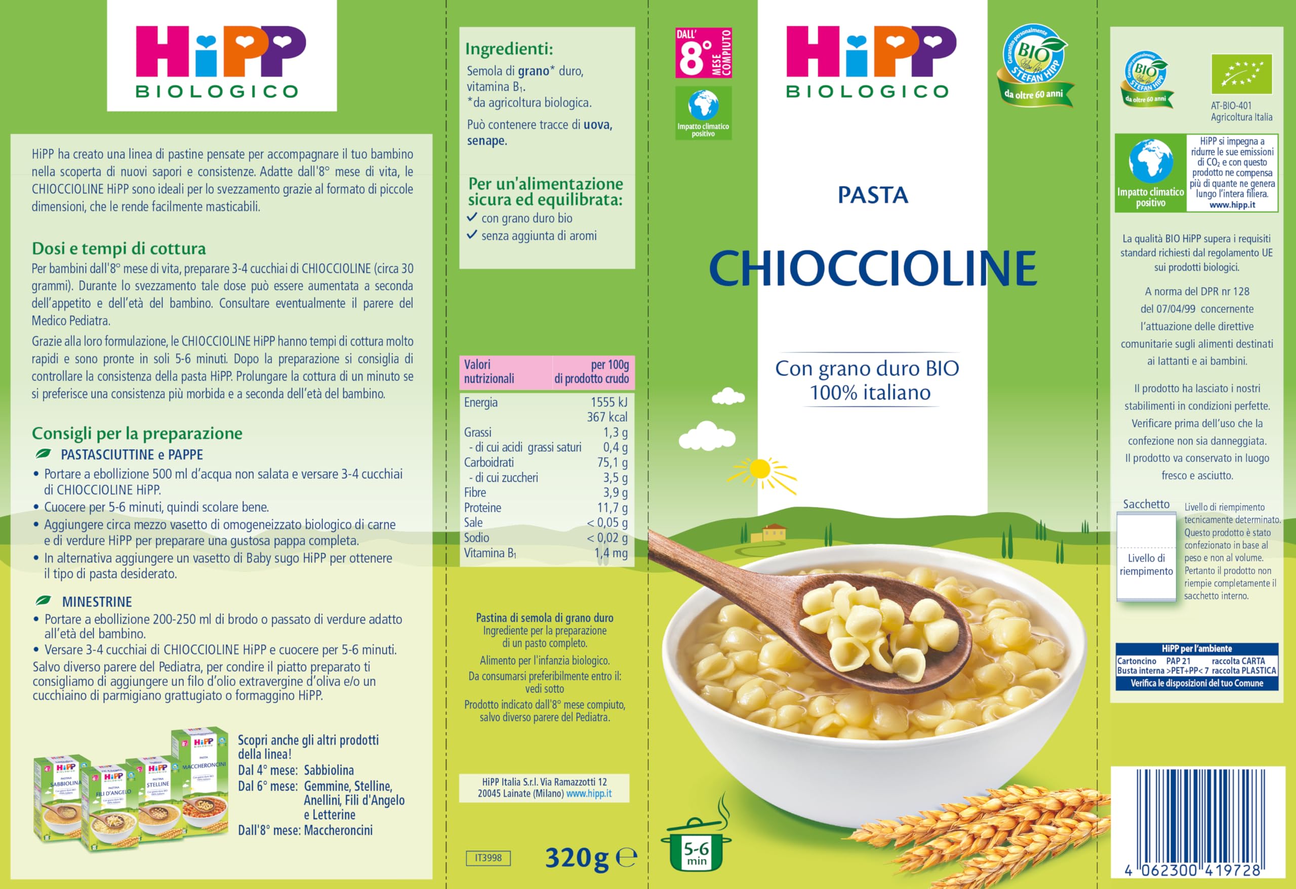 HiPP - Pastina per Svezzamento a Forma di Chioccioline, con Grano Duro Biologico 100% Italiano, 12 Confezioni 320 gr