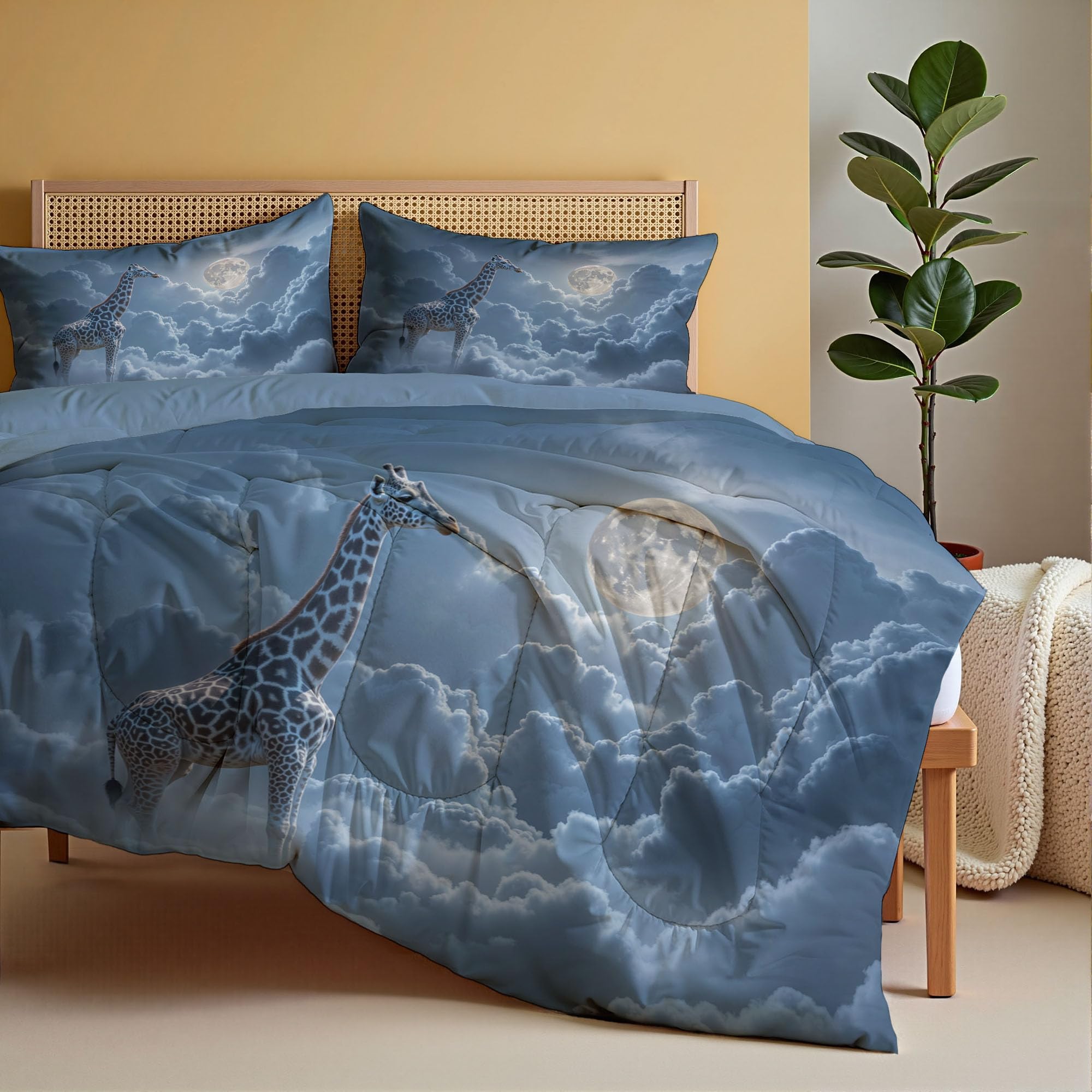 Edredon Cama 135/150 Jirafa Parada Sobre Nubes Estampado 3D, Edredón Nórdico 4 Estaciones 240x220cm, Colcha Transpirable De Microfibra Lavable Dibujos Animados Animales, 2 Fundas De Almohada 50X75cm