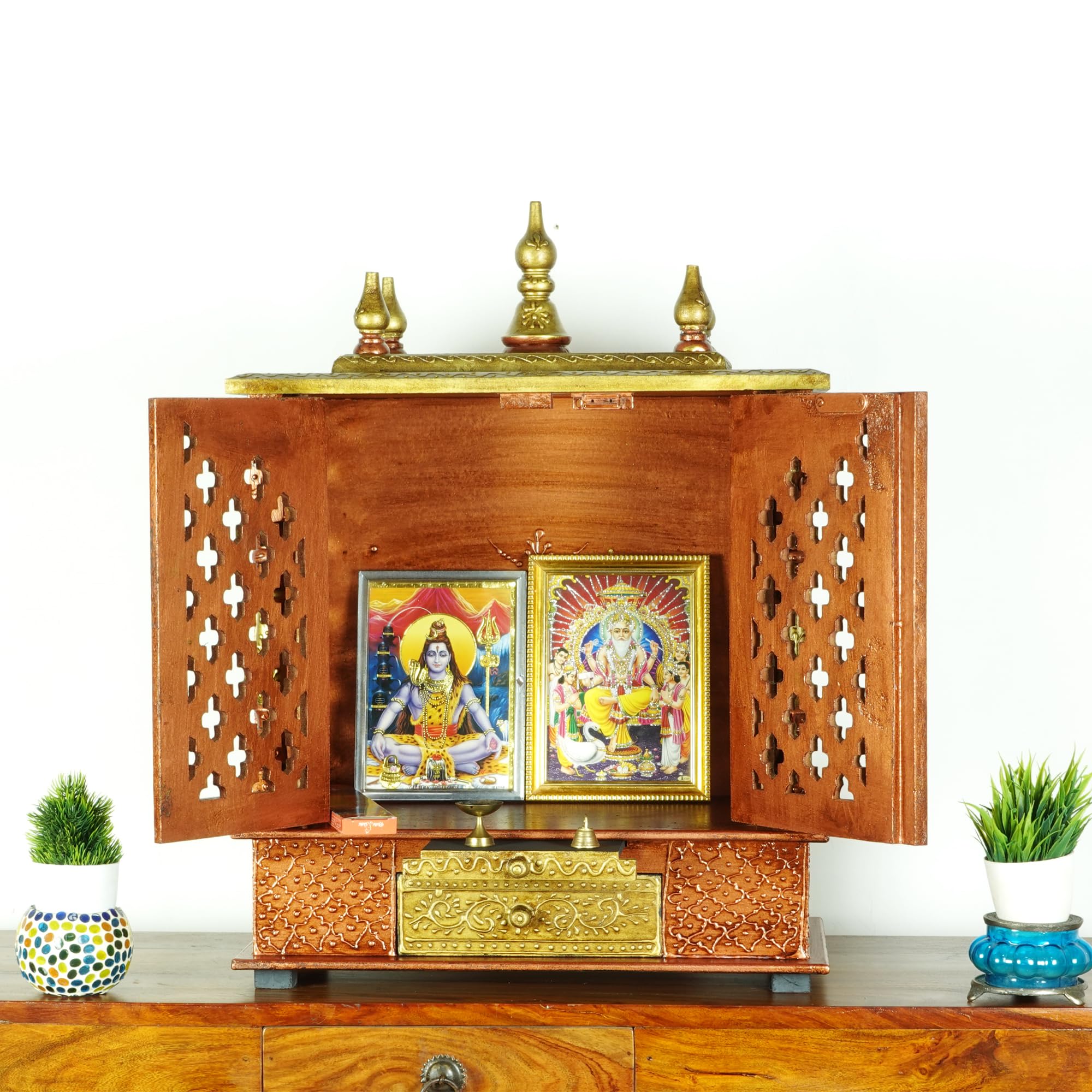 Home and Bazaar Rajasthani Ethnic Handcrafted Wooden Temple/Mandir/Pooja Ghar/Mandapam 18x9x24 inch (L x W x H) KI-147