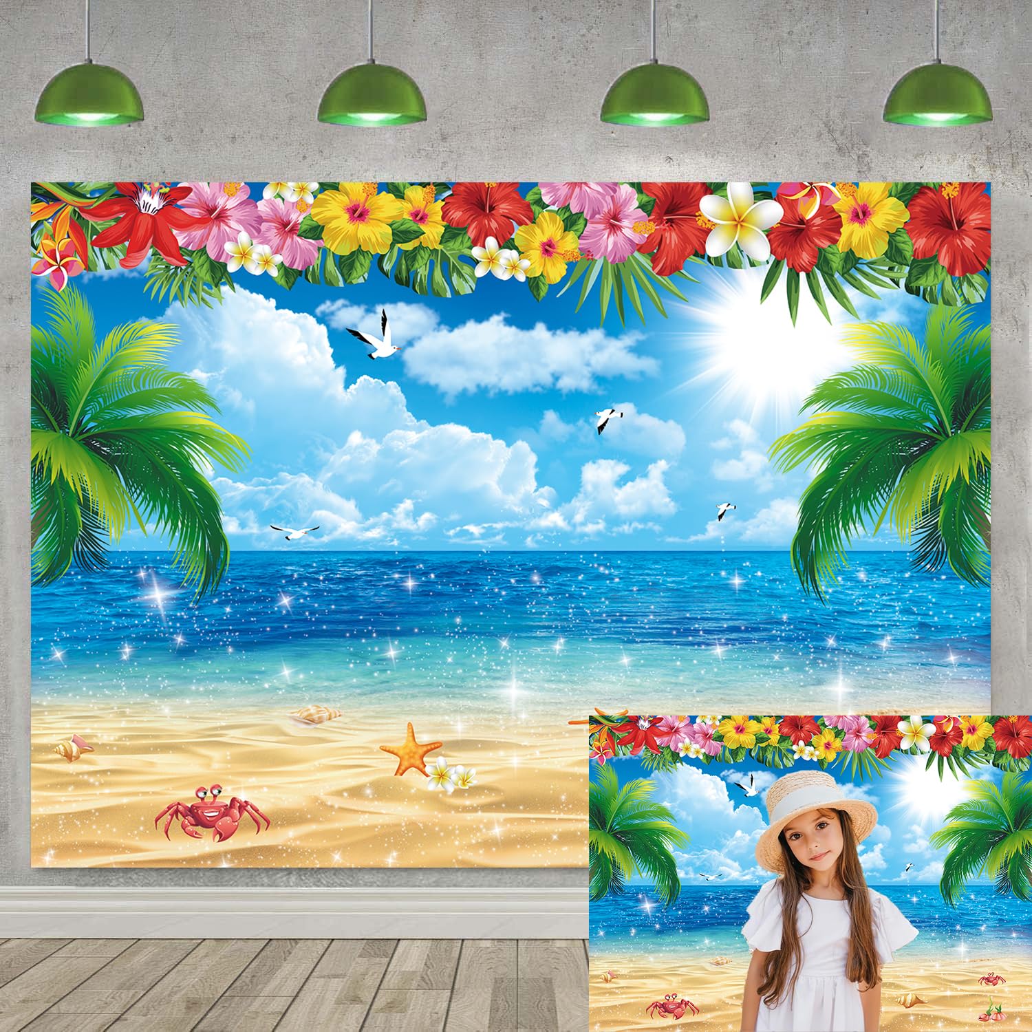 XCKALI Summer Hawaiian Beach Backdrop Tropical Flower Palm Ocean Birthday Luau Party Decoration Summer Beach Children Photography Kids Baby Shower