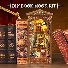 CRIOLPO Book Nook Kit - DIY Doll House Booknook, Book Nook Miniature Kit for Bookshelf Insert Decor Crafts for Adults Teen Halloween, 3D Wooden Puzzle Bookends with Sensor Led Light