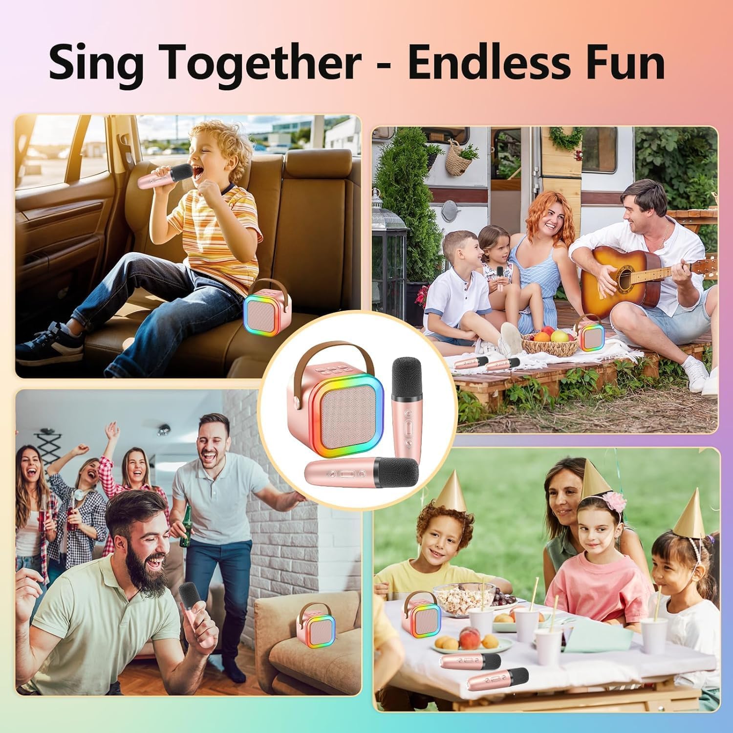Mini Karaoké Bluetooth Avec 2 Micros Sans Fil – LEDs, Effets Vocaux, Portable – Cadeau Enfant Bleu