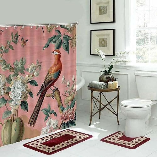 Miniatura 953 de Cortinas de ducha de baño con ganchos, 72 x 92 pulgadas, cortina de ducha de tela impermeable con diseño de flores y pájaros, cortina de ducha