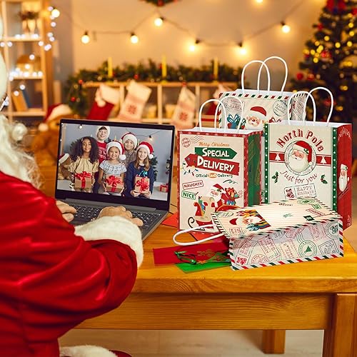 Miniatura 5 de Zonon 24 bolsas de papel de estraza de papel de estraza para Navidad, bolsas de papel de Navidad rojas y verdes con asas, regalo de caramelos de