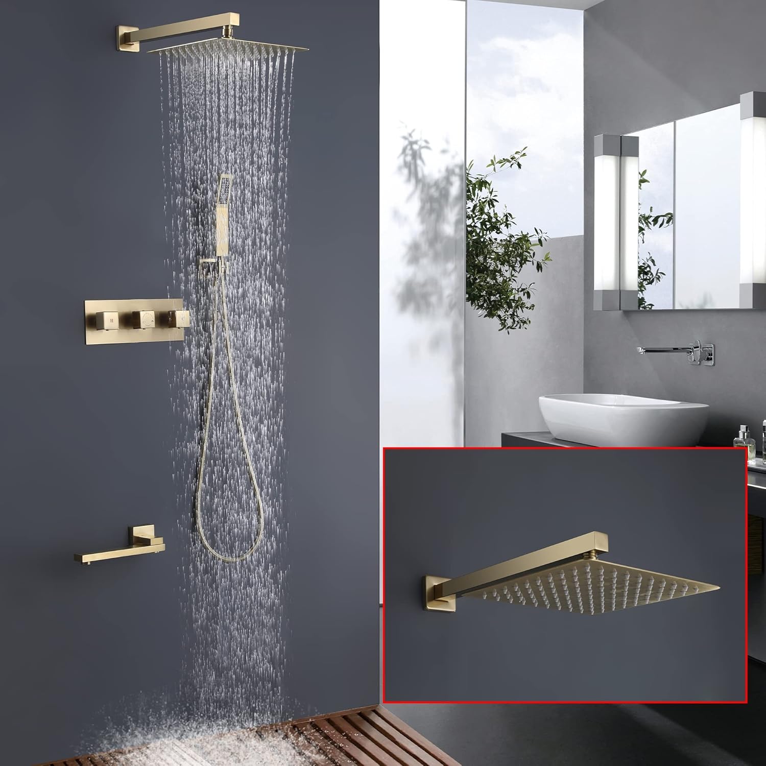 シャワーキット、レインシャワー、ハンドヘルドスプレー付き3ウェイシャワー蛇口セット、壁取り付け式ブラッシュゴールドレインミキサーシャ シャワー ヘッドハンドヘルドシャワークロームバスシャワーシステム8 10 12インチレインシャワーキット3ウェイホットコールド ...