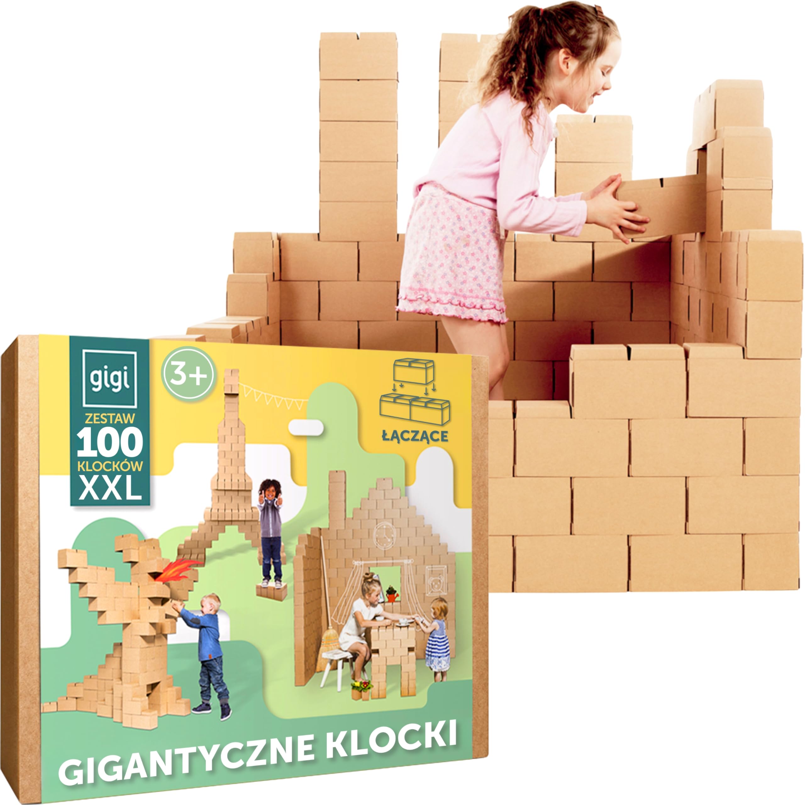GIGI Bloks 100 XXL Wielkie Klocki Konstrukcyjne dla Dzieci, Kartonowe i Wytrzymałe | Buduj Prawdziwe Zamki i Fortece | Kreatywna Zabawka Edukacyjna Montessori dla Chłopców i Dziewczynek od 3 Lat