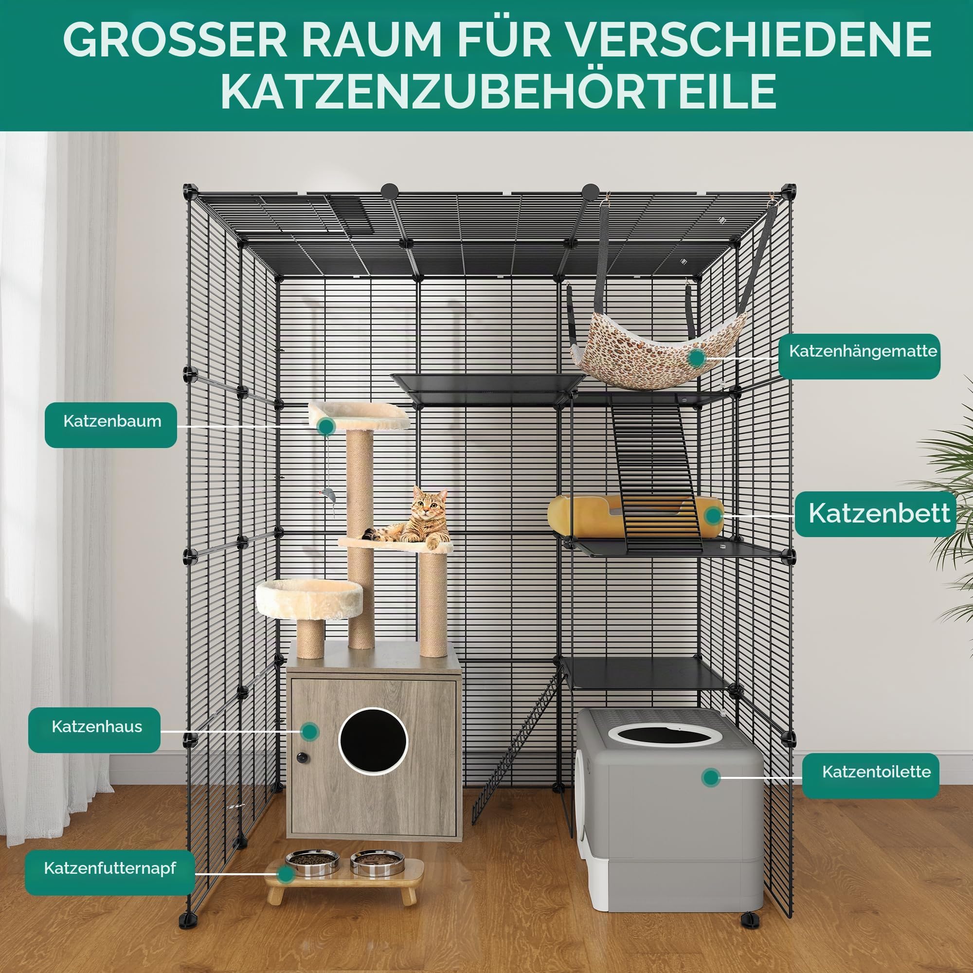 YITAHOME 4-stöckiger Großer Katzenkäfig mit Hängematte, 4 Türen, 3 Leitern, Katzengehege Catio-Metalldraht-dichte Zwinger für 1–3 Katzen, Abnehmbarer Laufstall für Kleintiere, 104 x 72 x 140 cm