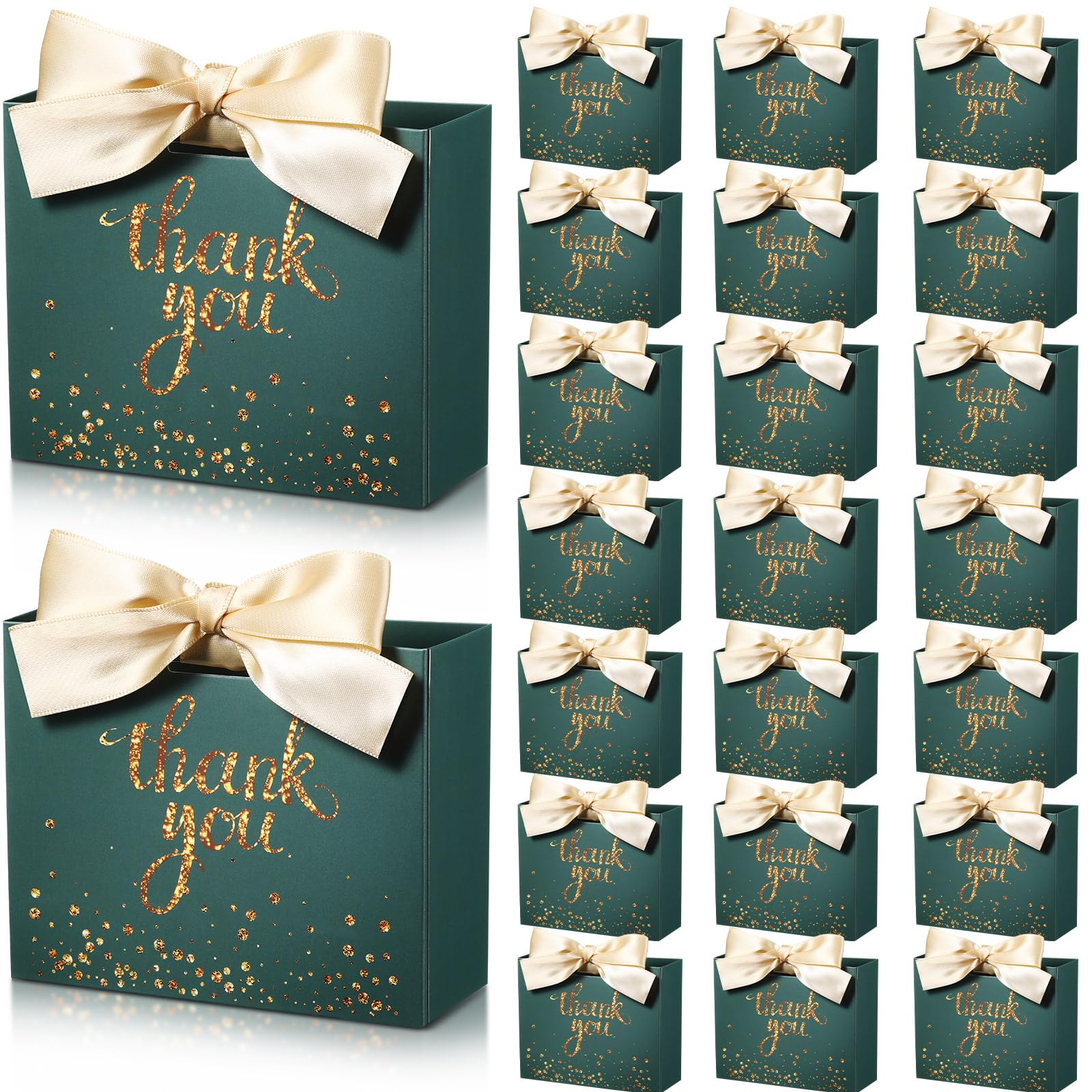 Patelai 24 Pcs Small Thank You Gift Bags Bulk with Ribbon 4.6 x 1.8 x 3.9'' Gift Wrap Bags Cardboard Goodie Bags for Adults Wedding Guest Gifts for Baby Shower Business Party Supplies (Green)