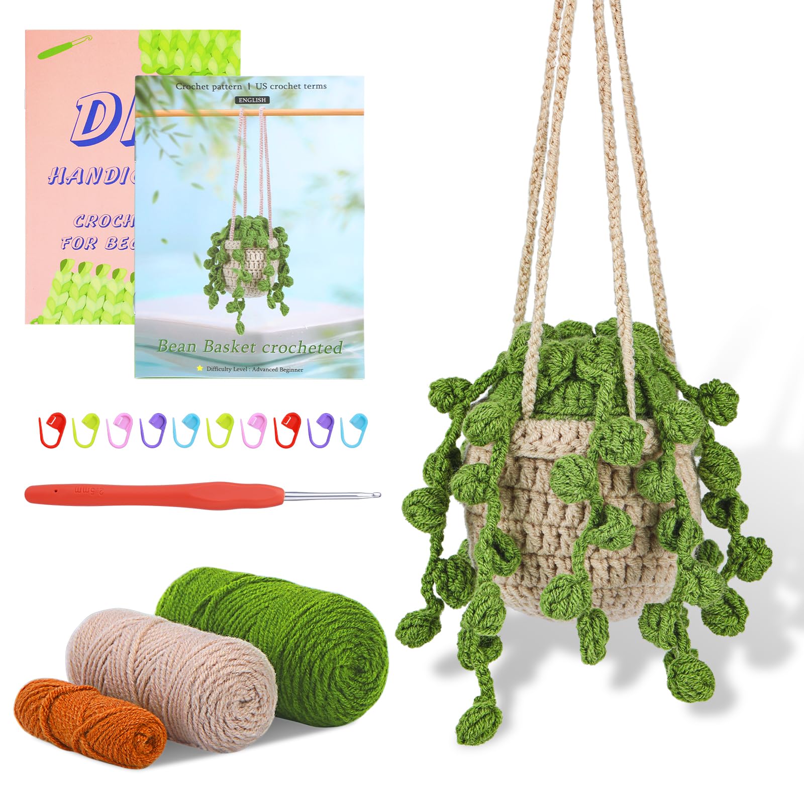 Crochet Kit for Beginners, Hanging Potted Plants Crochet Starter Kit with Step-by-Step Instructions and Video Tutorials Complete Crochet Kit for Beginners Decoration (Autumn Green Doudou Plants)