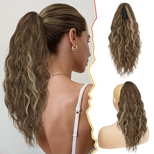 BARSDAR Extensión de cola de caballo con reflejos, extensiones de cola de caballo de 18 pulgadas con clip de garra para mujer, rizadas, onduladas,