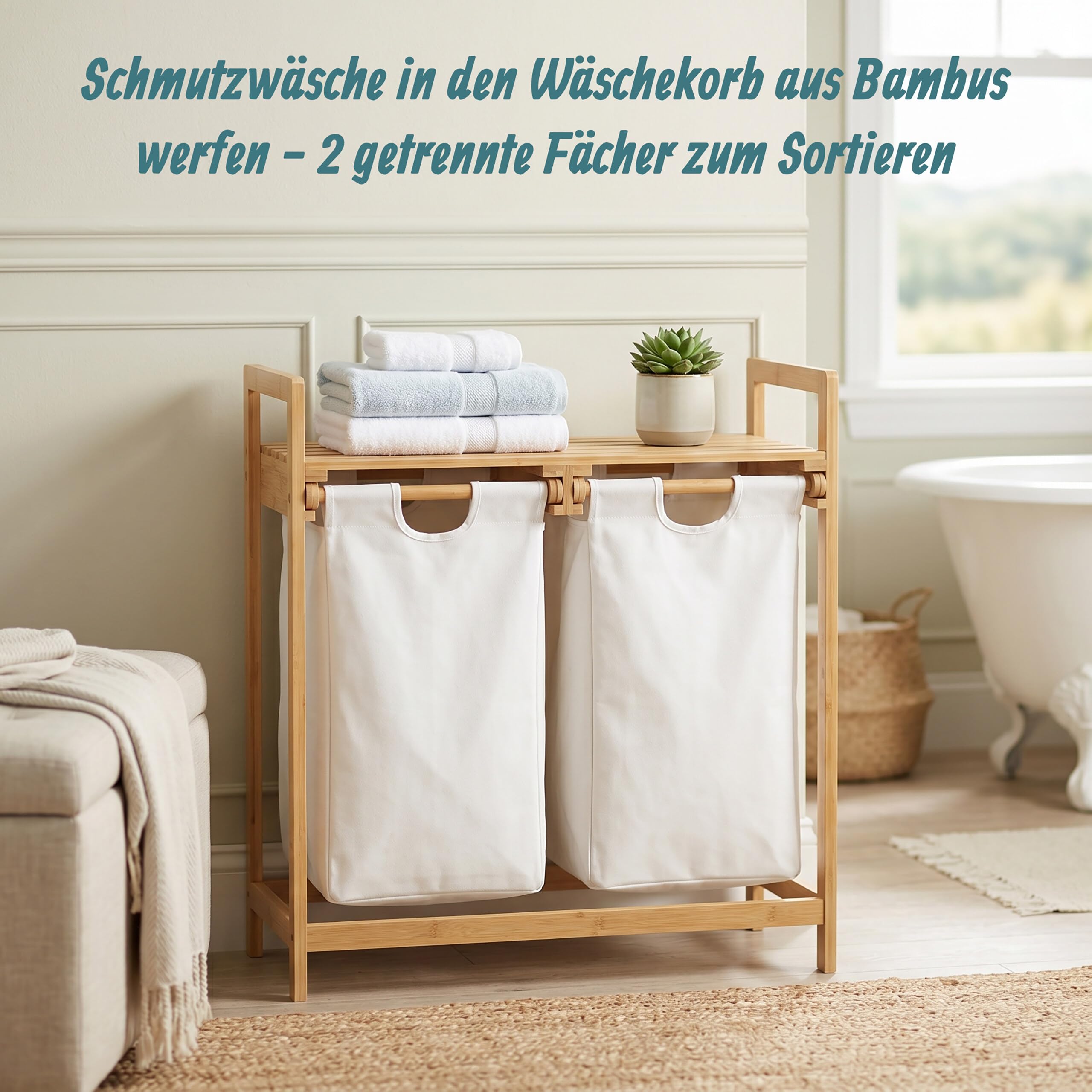 Relaxdays Wäschekorb Bambus, Wäschesortierer mit Ablage, 2 Fächer, ausziehbar, tragbarer Wäschebehälter, 60 Liter, Natur, 1 Stück, Weiß