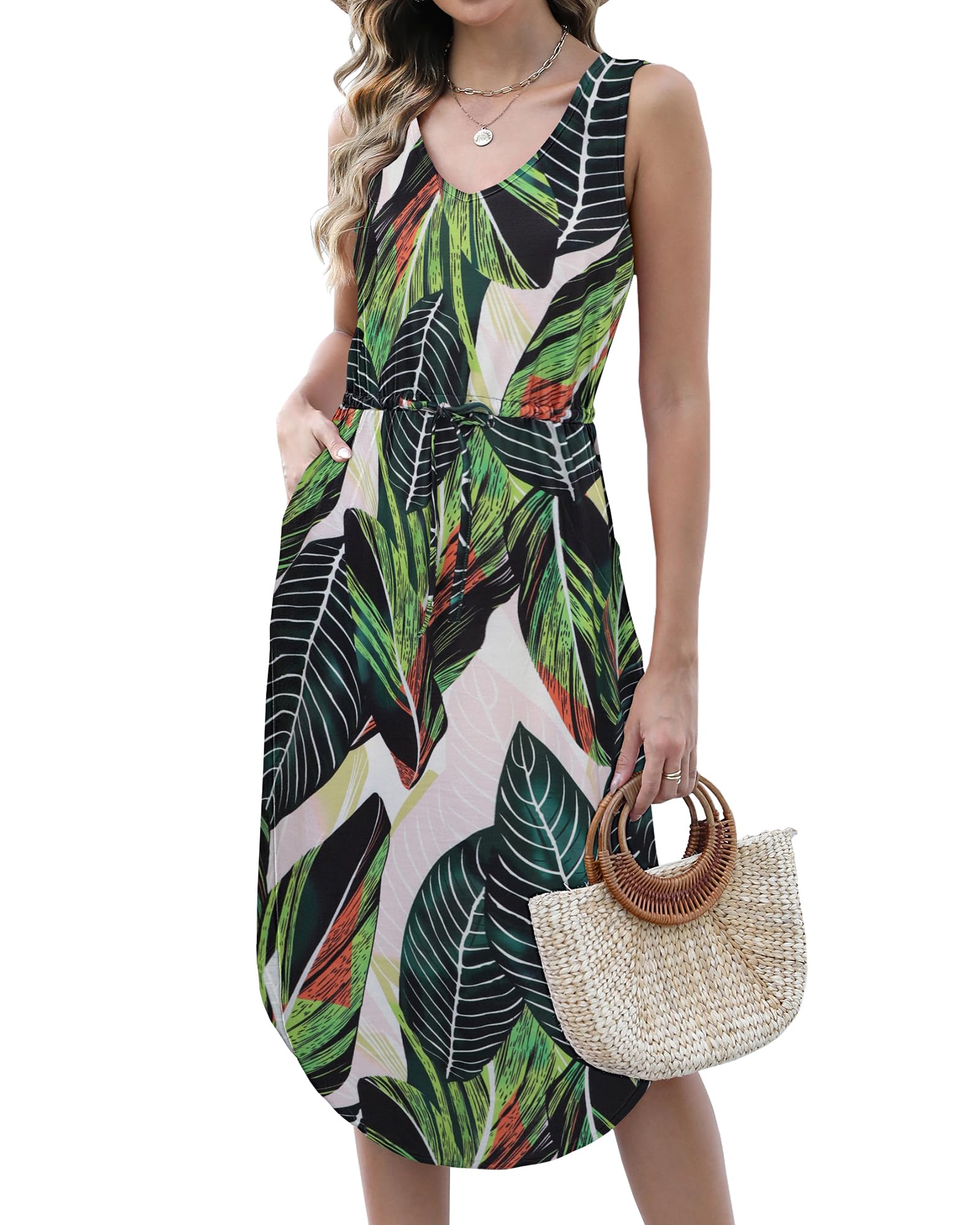 Hount Womens V Neck Sleeveless Casual T Shirt Dress Summer Midi Dress with Pockets