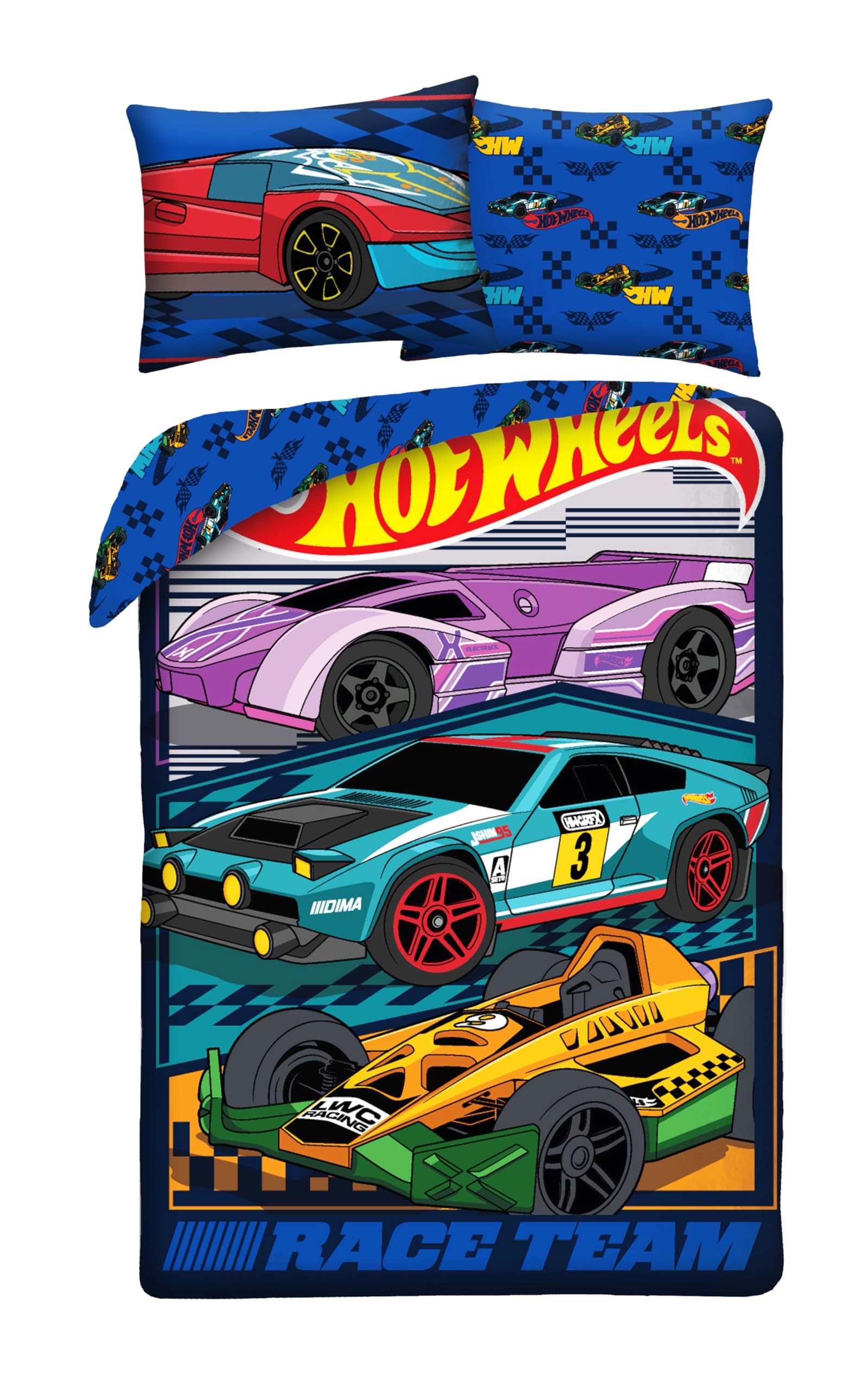 Hot Wheels Race Team Copripiumino Singolo 140x200 + Federa Macchine Corsa | Set lenzuola reversibile | Microfibra asciugatura rapida Oeko-Tex | Licenza Hot Wheels ufficiale | Bambini | Regalo
