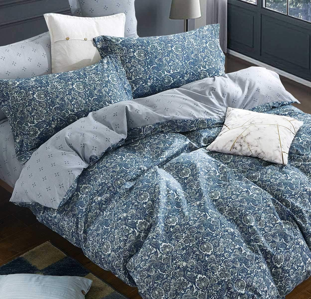 SLEEPBELLA Duvet Cover Queen, 600 Thread Count Cotton Blue & Green Paisley Floral Pattern Comforter Reversible Cover …