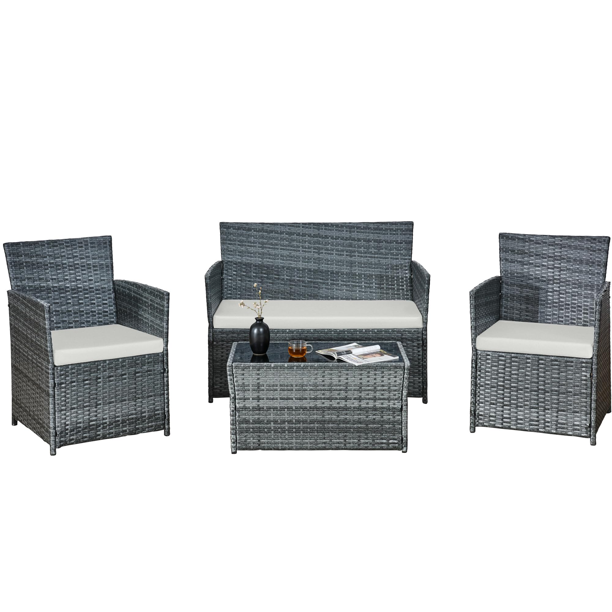 rattanstar 4 Piece Grey Rattan Garden Furniture Sets, Outdoor Patio Furniture Set with Loveseat, Armchairs, Glass-Top Coffee Table, Cushions, PE Wicker Sofa Set for Balcony Backyard Conservatory