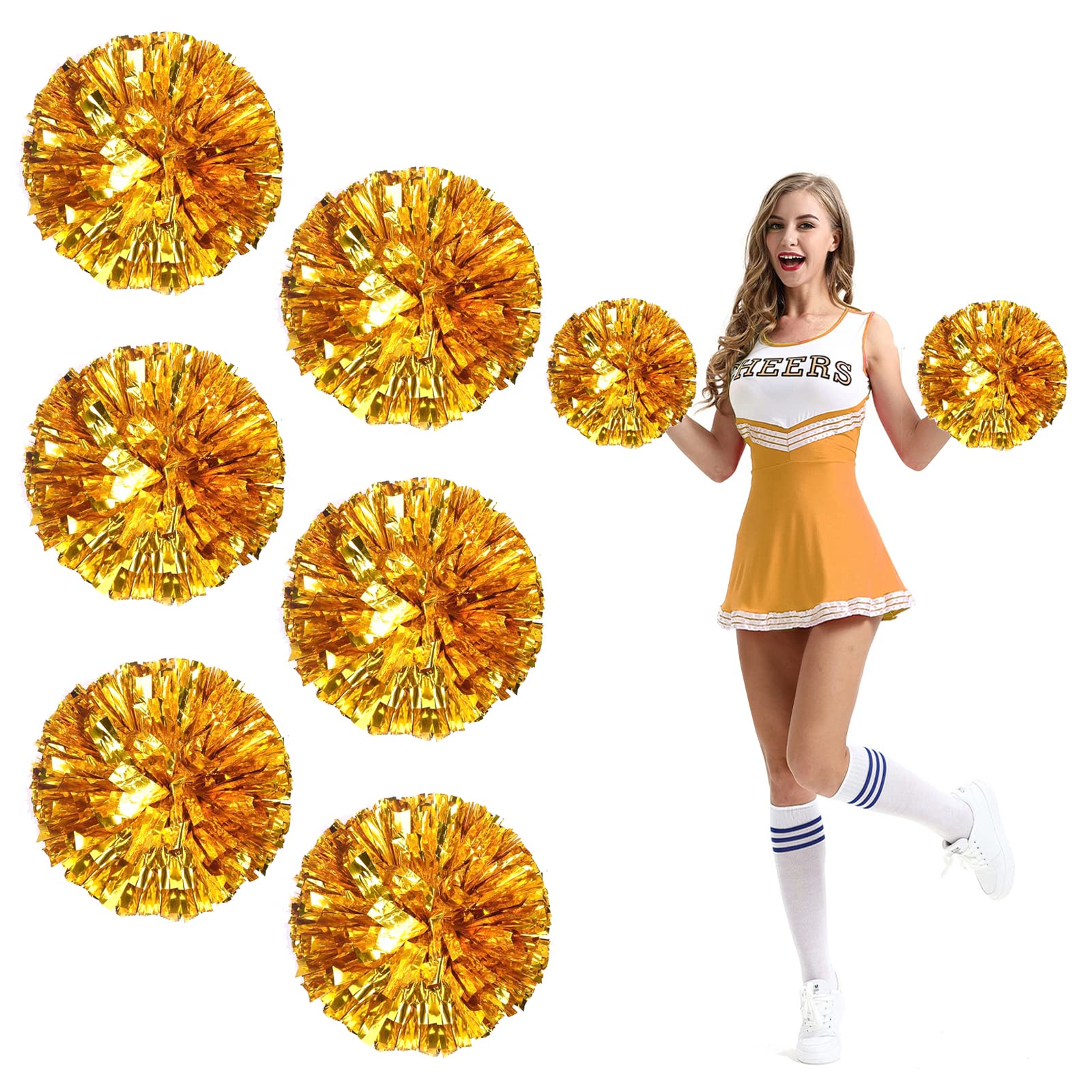 Extpro 6Pcs Cheerleading Pom Poms with Finger Holes Metallic Foil Cheer Pom Poms for Dance, Matches, Team Spirit Sports, Stage Performance, Carnival Celebration (6pcs-Gold)