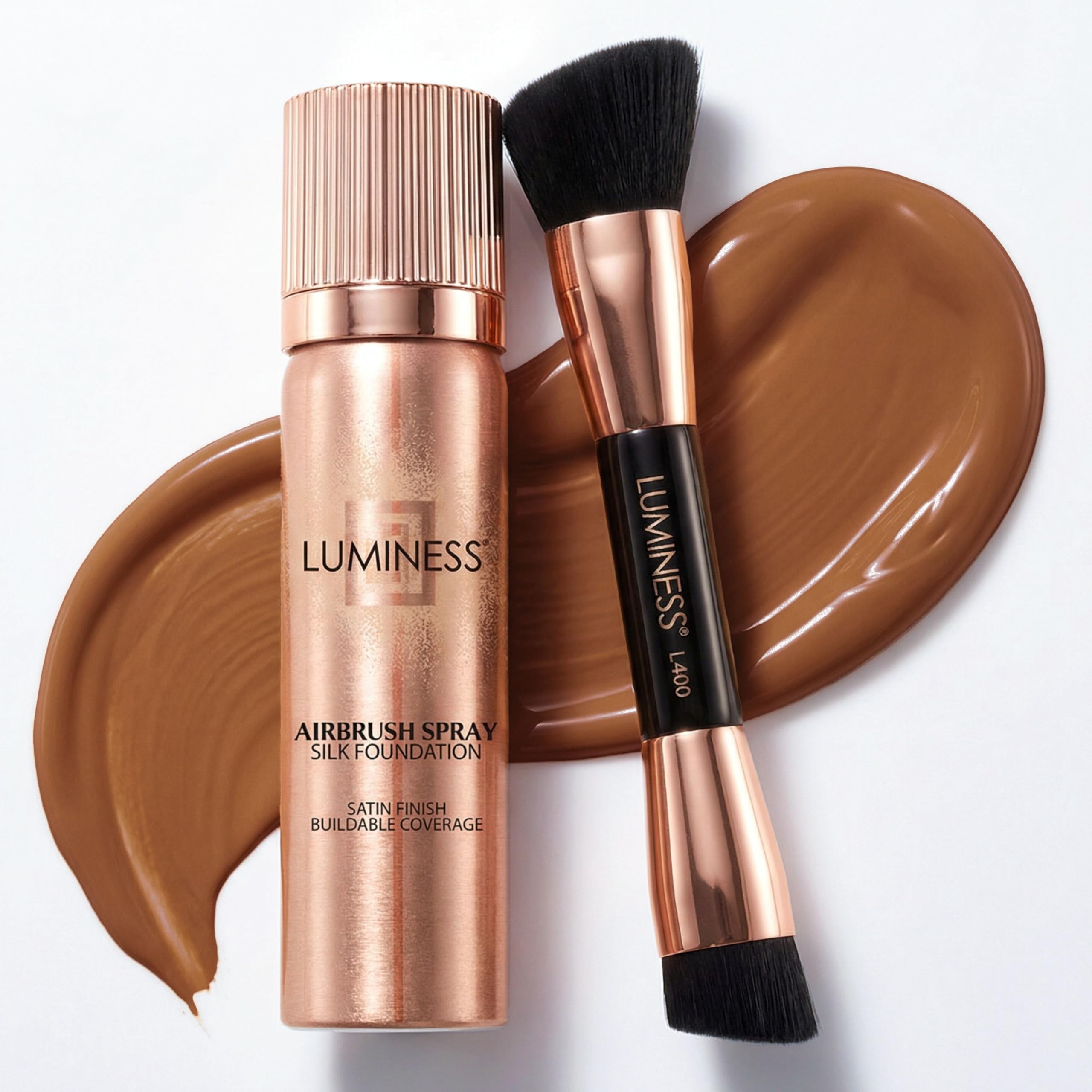 LUMINESS Silk Airbrush Spray Foundation & Buffing Brush Kit – Full Coverage Foundation & Dual-Sided Buffing Brush - Buildable Coverage, Anti-Aging Formula Hydrates & Moisturizes (Shade - Deep)