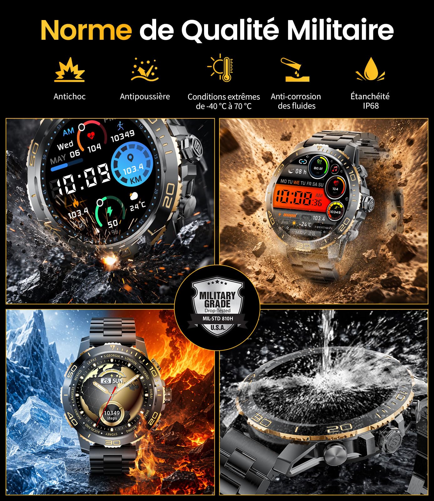 DREMAC Montre Connectée Homme 800 mAh Batterie, 1.43'' Amoled Montre Intelligent avec Fréquence Cardiaque/Suivi de Sommeil, IP68 Smartwatch avec 200 Modes Sportifs pour iOS/Android, 2 Bracelets