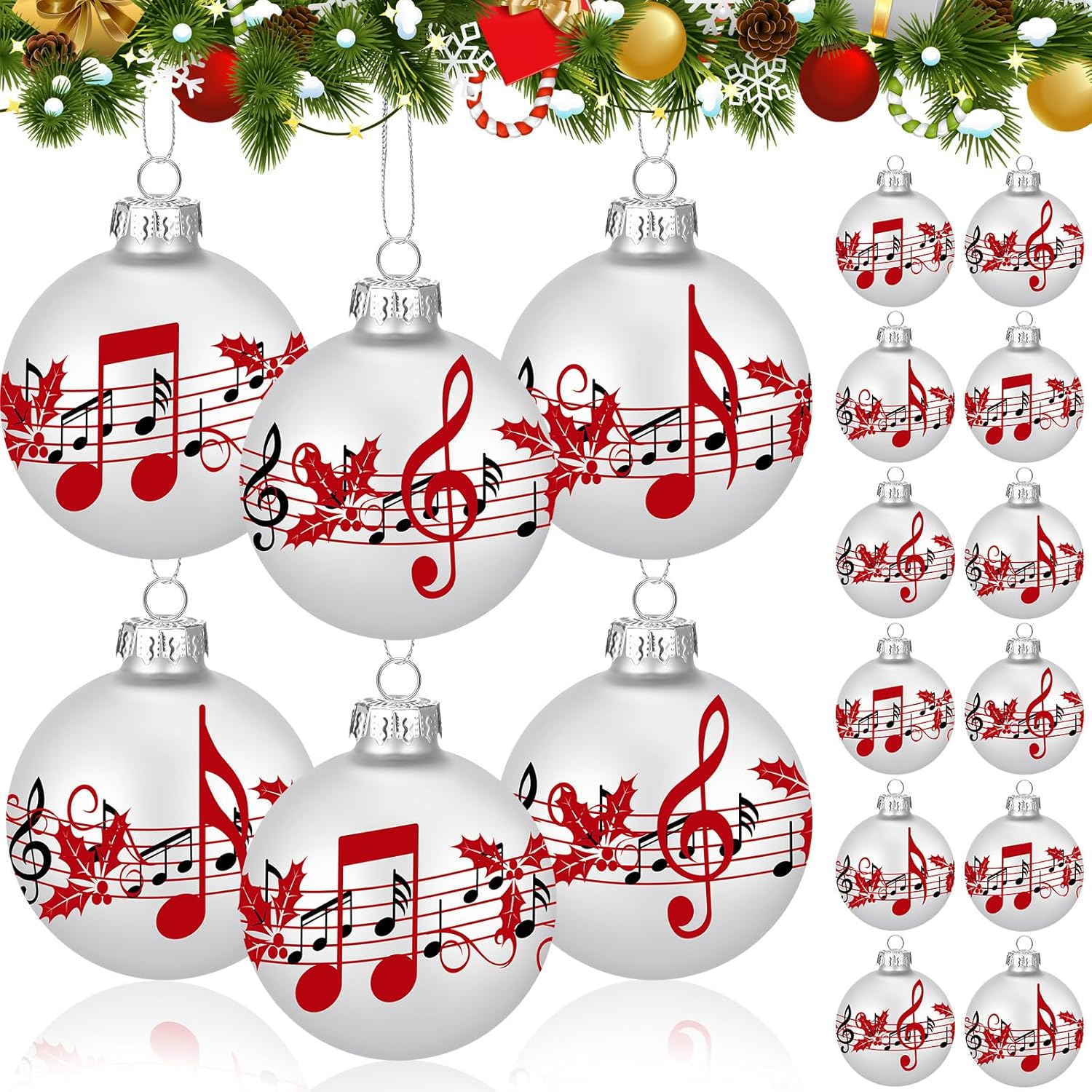 12 Pcs White Musical Christmas Ornament for Tree 2.4” Music Notes Balls Music Themed Hanging Ornaments Musical Notes Christmas Ornament Gift Xmas Tree Decorations