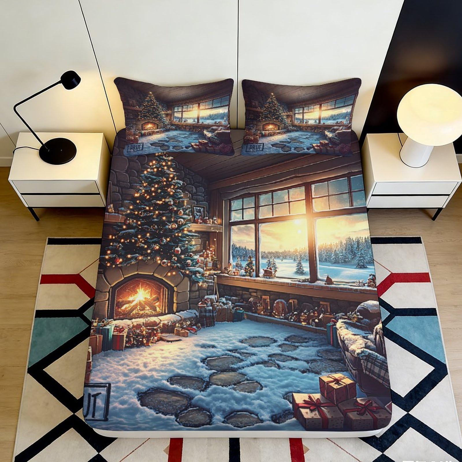 3D Printed Winter Fireplace Fitted Sheet Microfiber Soft Cozy Christmas Tree Bed Cover for Bedroom Dormitory Guest Room Mattress Protection Decor 90x200x25cm