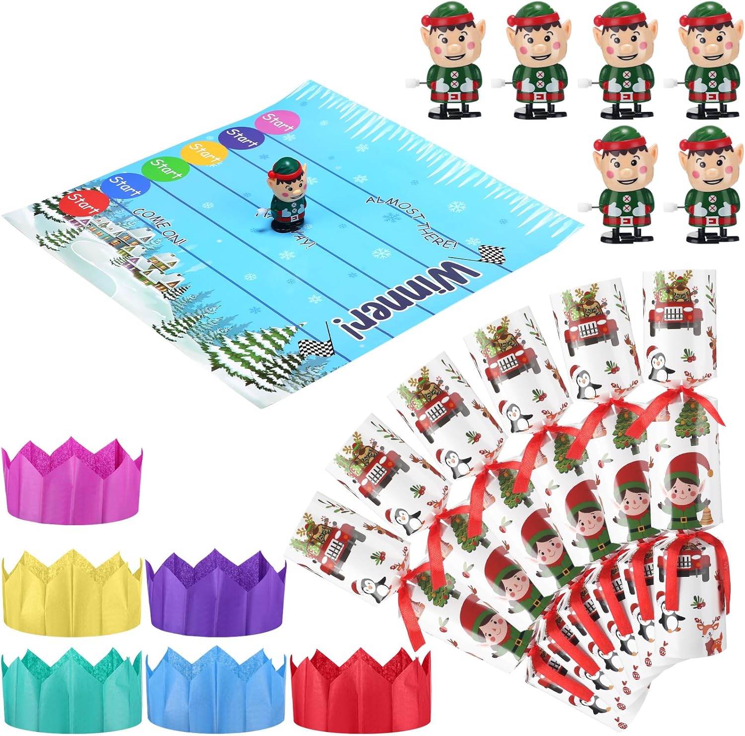 JellyArch 6 Packs Christmas Crackers Party Table Favors Christmas No Snap with Wind up Elf Paper Hat Holiday Xmas Table Favor Supplies Racing Game for Adults New Year Holiday Gifts