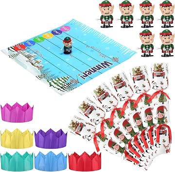JellyArch 6 Packs Christmas Crackers Party Table Favors Christmas No Snap with Wind up Elf Paper Hat Holiday Xmas Table Favor Supplies Racing Game for Adults New Year Holiday Gifts