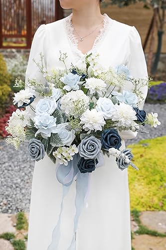 Miniatura 2 de Juego de flores artificiales azules, hojas de flores de color degradado con tallos para ramos de boda, centros de mesa, baby shower, fiesta,