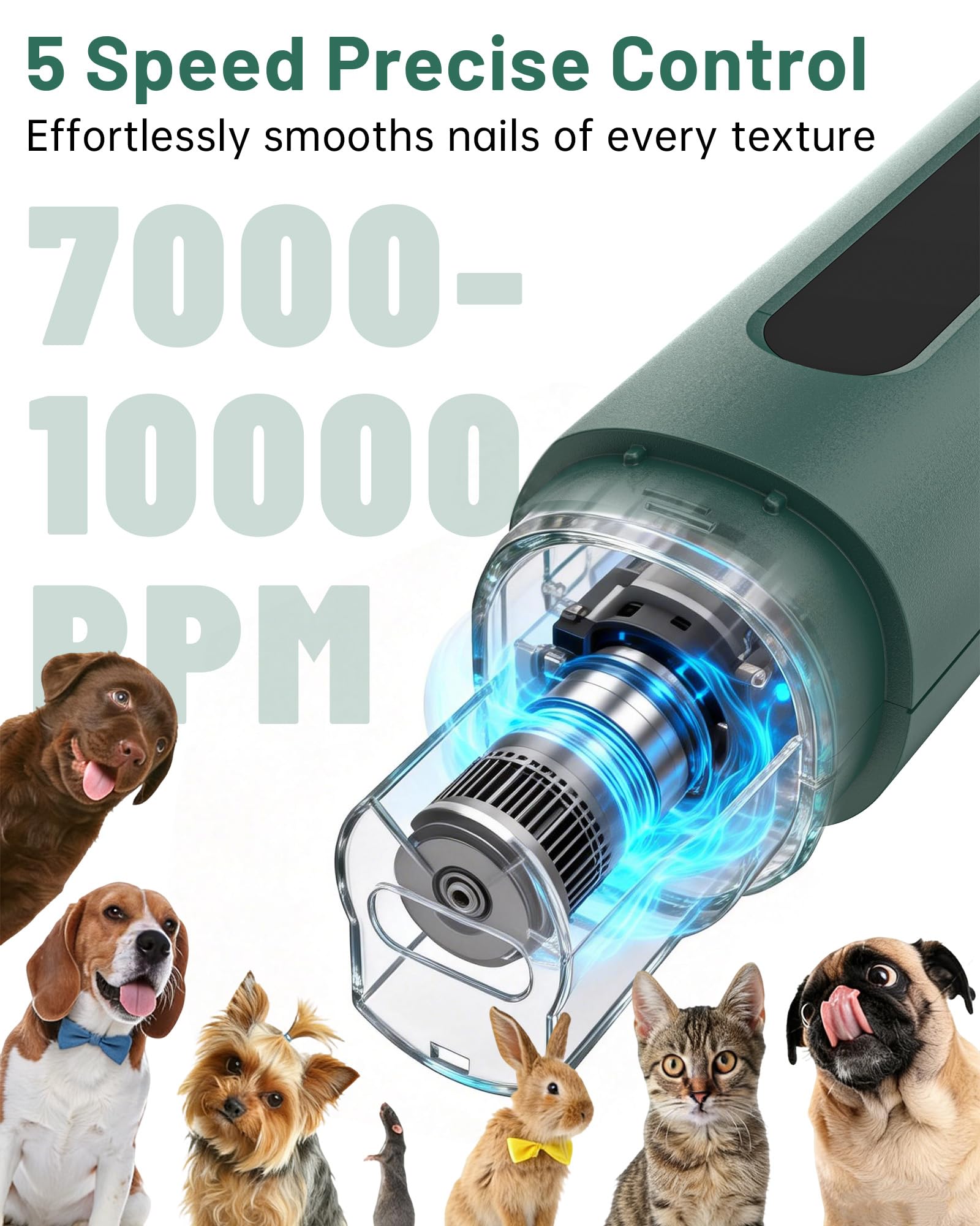 Dog Nail Grinder - 5-Speed Rechargeable Electric Dog Nail Clippers with LED Light, Super Quiet & Painless Electric Nail File for Large, Medium & Small Dogs, Toenail & Claw Grooming Filer - 3