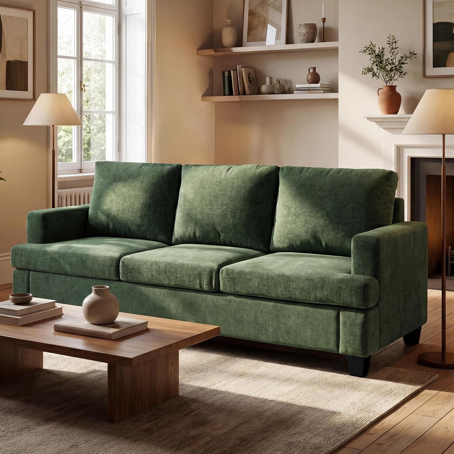 YOUDENOVA Sofa, 89" 3-Seater Deep Seat Sofa, Modern Comfy Couches for Living Room Apartment Lounge, Green Chenille