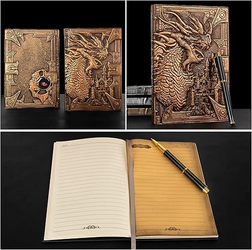 Miniatura 4 de DND - Cuaderno de Dungeon and Dragon de cuero en relieve 3D, diario de dragón con bolígrafo negro y funda para bolígrafo, diario de viaje vintage