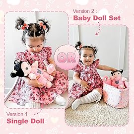 OUOZZZ 10 Soft Baby Doll for 1 Year Old Girl Gifts - Asian Doll Toys for 1 Year Old Birthday Christmas Plush Gift for Toddler Pink Straps Black Hair