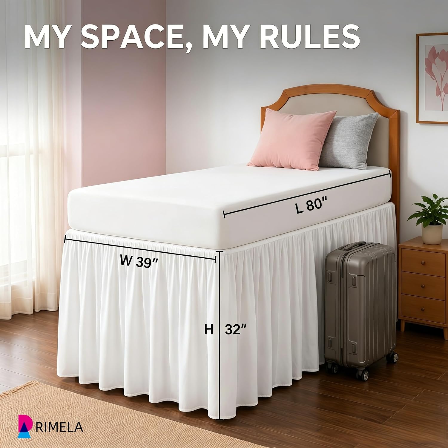 RIMELA White Platform Dorm Bed Skirt Twin XL 32 Inch Drop, Extra Long Bedskirt with Split Corner for Raised & Lofted Bed, Bedroom Decor for Hide Clutter & Provides Privacy, Soft, Machine Washable