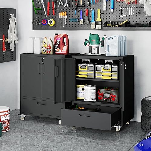 Vista 30 de Armario de almacenamiento de metal con estantes ajustables, armario de herramientas de garaje con 2 puertas con cerradura para oficina, hogar