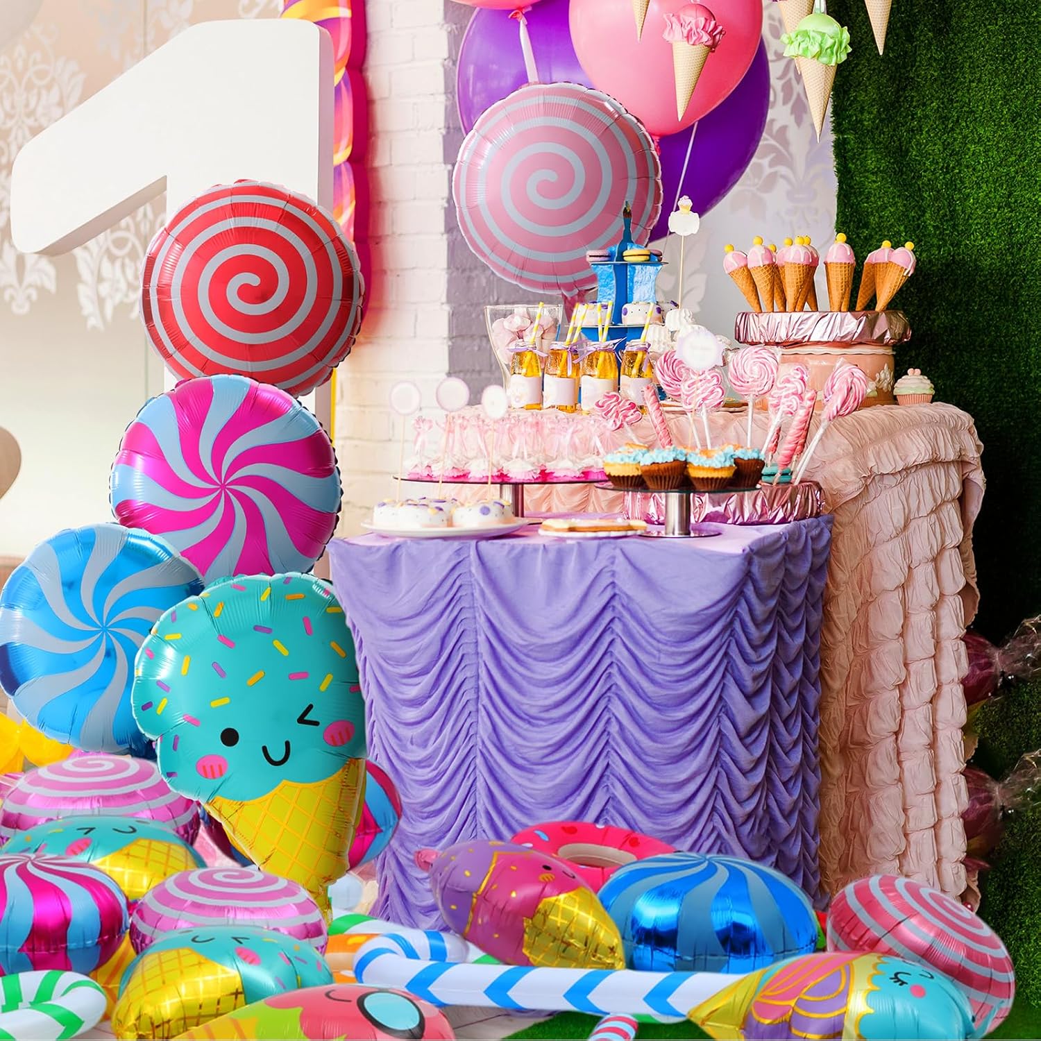 Soulchen 30 Pcs Candy Party Decorations, Large Candy Balloons Set - 8 Inflatable Lollipop, 8 Cane Balloon, 4 Ice Cream, 10 Foil Candies Balloons for Sweets Birthday Party(30 Pcs,Cute)