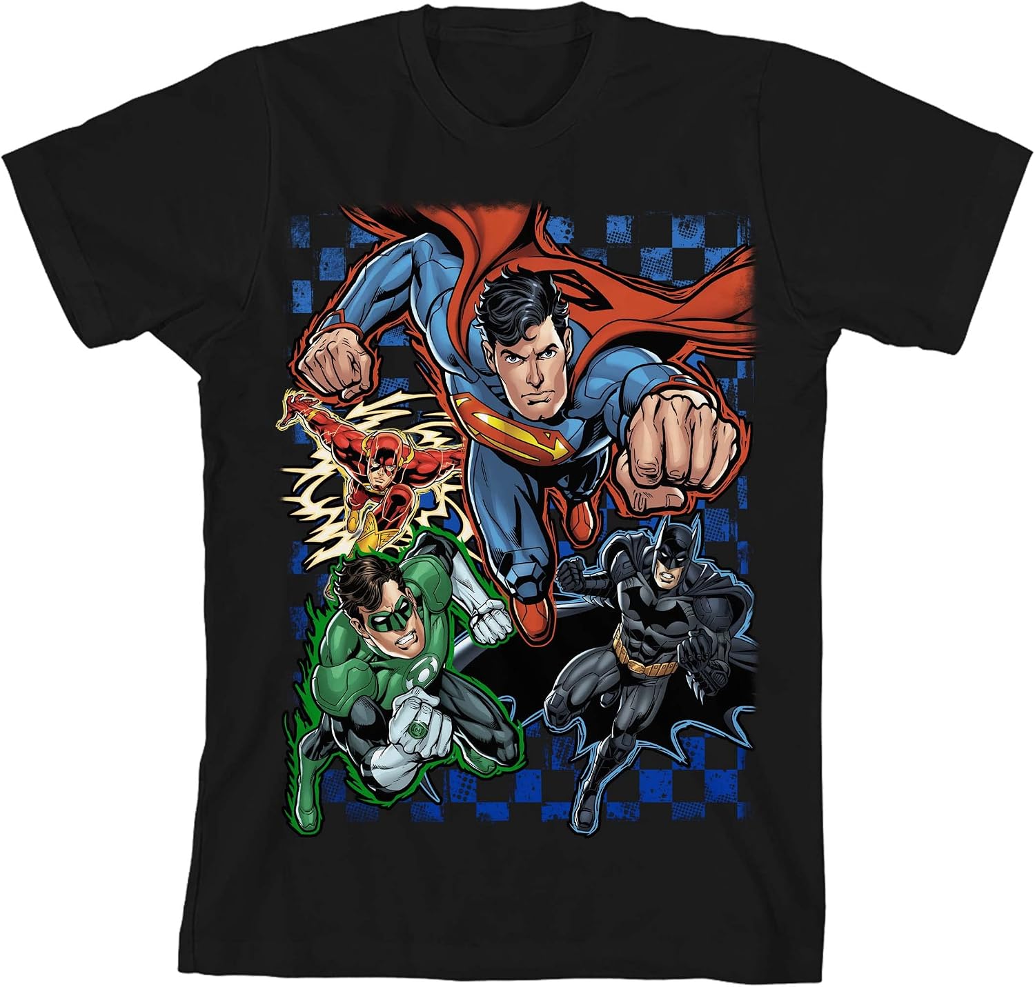 The Justice League Superheroes on Checkered Background Black Graphic Tee Toddler Boy to Youth Boy