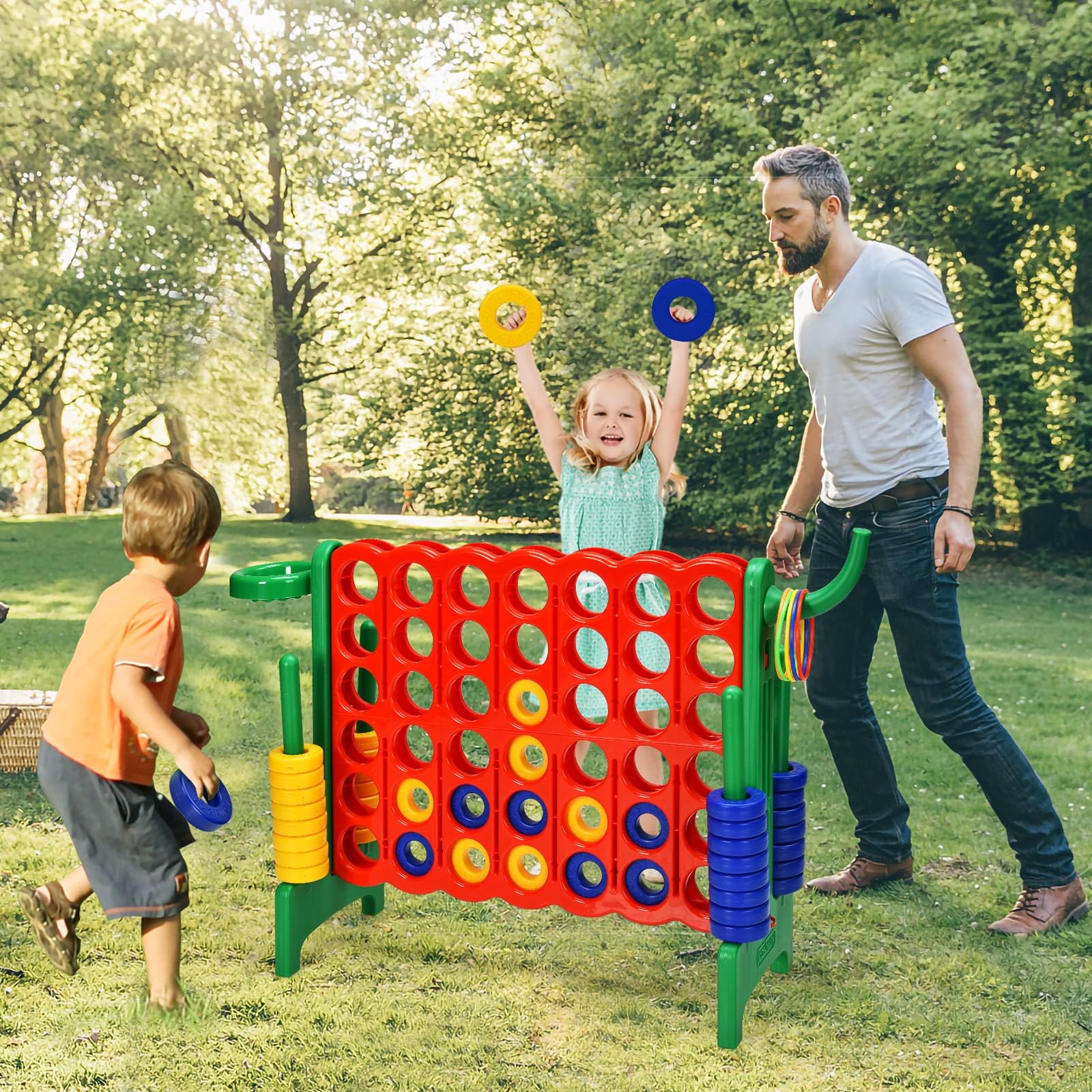 RELAX4LIFE Juego de 4 en Raya para Niños y Adultos, para Exteriores e Interiores, 4 en Raya Gigante, Regalo para niños (84x33x74cm, con Canasta, Pelota, 5 Anillos -C)
