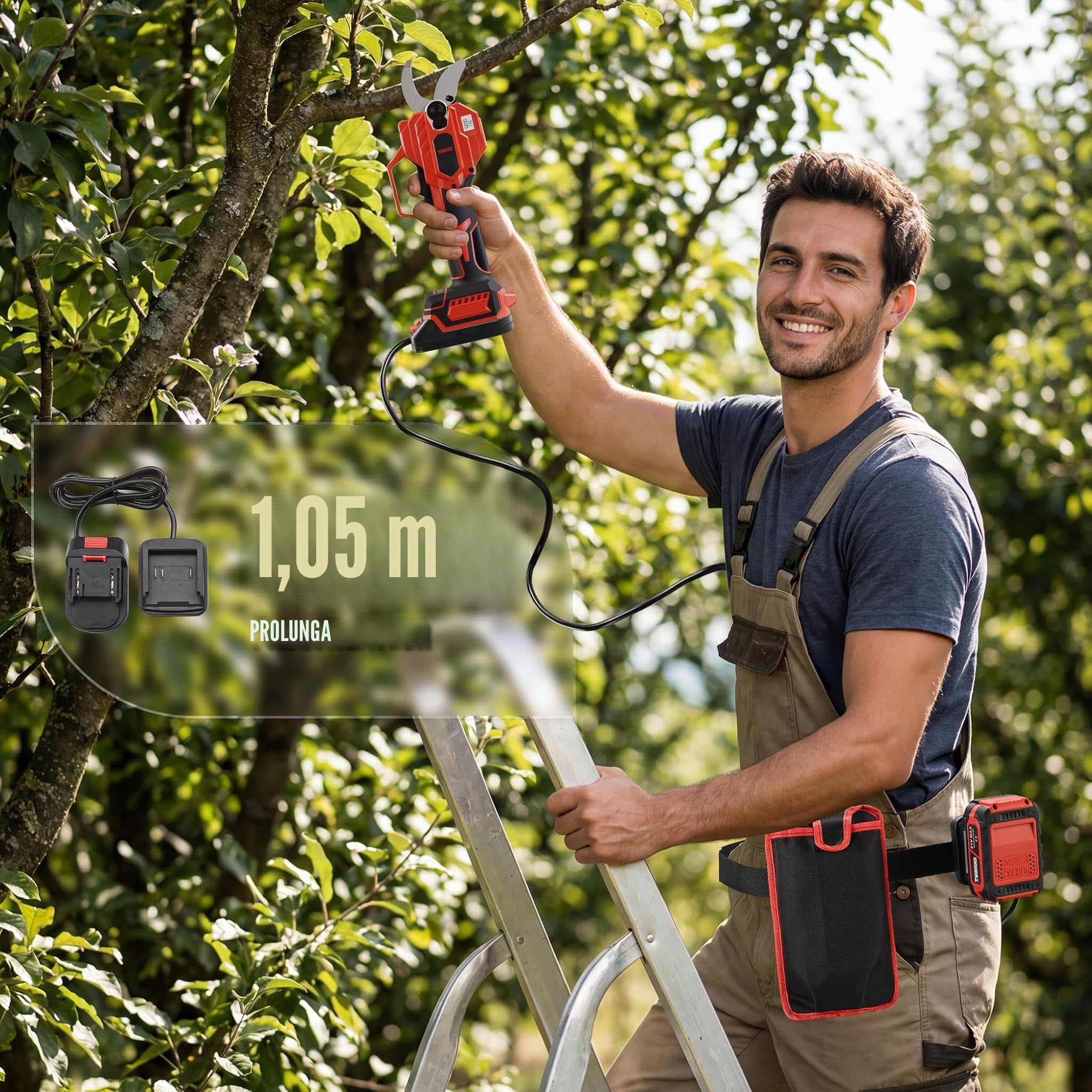 Forbici Potatura a Batteria con Asta 3m, 50 mm Forbice Potatura a Batteria 21V 2 * 4Ah, Cavo prolunga 1,05 m, Portatile Cesoie Potatura per Potatura con Display Per frutteti/giardini/parchi