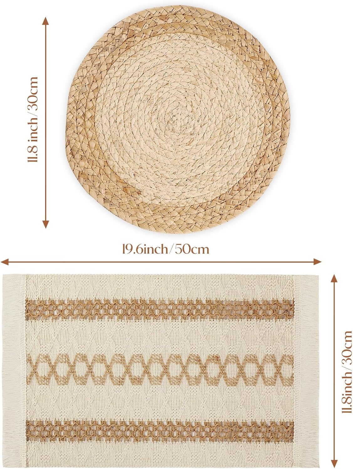 YANGQIHOME Boho Placemats Set of 6, Farmhouse Rustic Woven Placemats for Dining Table Decor, Handmade Braided Place Mats in Natural Cotton Jute and Water Straw for Kitchen Table