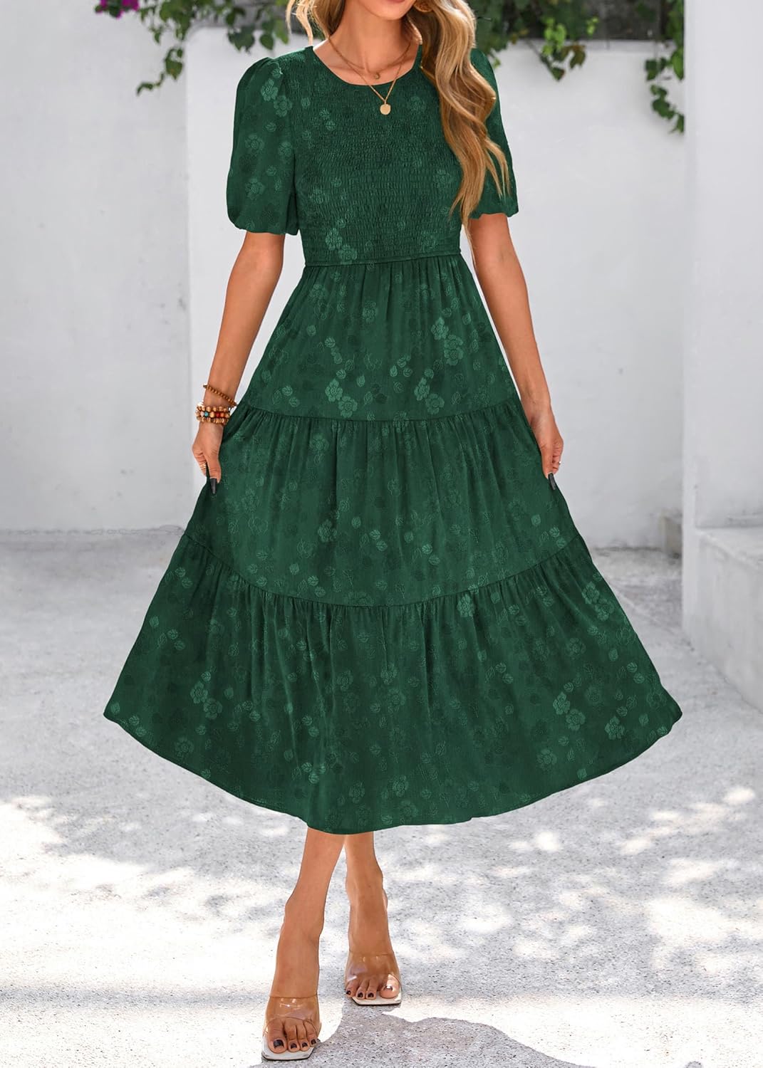 KIRUNDO Womens Summer Dresses Wedding Guest Floral Midi Sundress Short Puff Sleeve Flowy A Line Smocked Tiered Boho Dress - Image 4