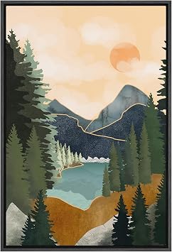 SIGNFORD Framed Canvas Print Wall Art Sun Mountain Pine Tree Lake Nature Wilderness Illustrations Modern Art Decorative Rustic Relax/Calm for Living Room, Bedroom, Office - 24"x36" Black